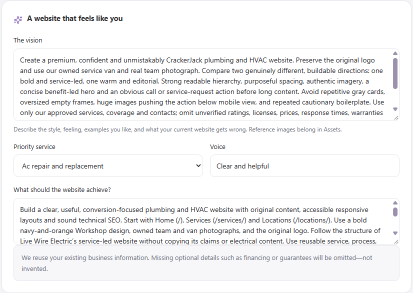 Web Spark Vision form with the design brief, priority-service selector, voice field, and website-goal input.