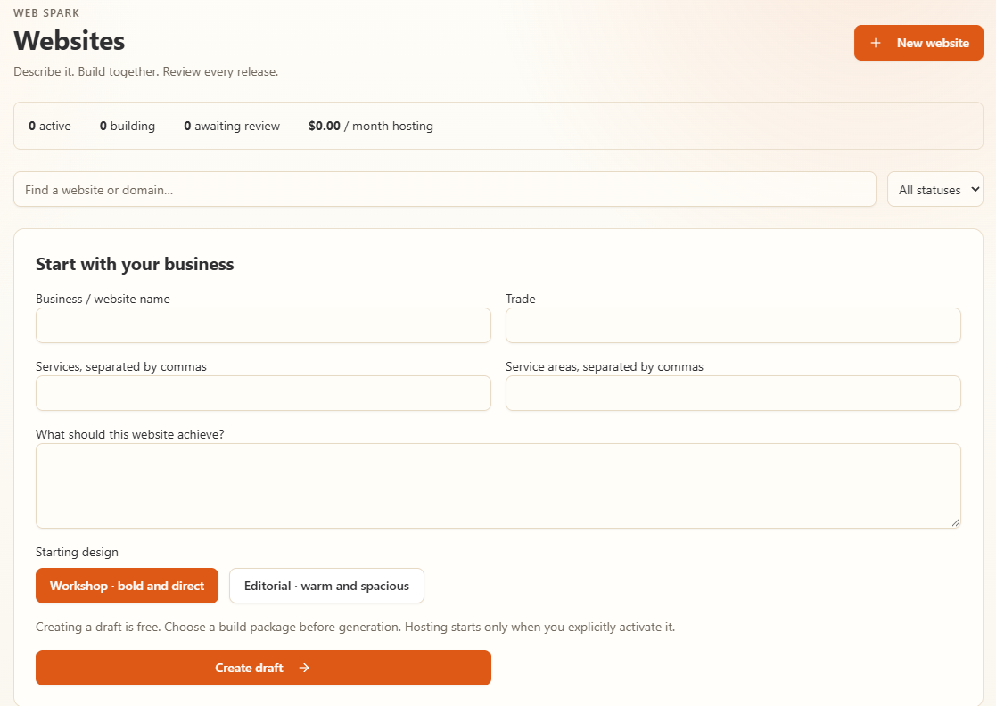 Web Spark New website form with business name, trade, services, service areas, website goal, starting design, and Create draft.