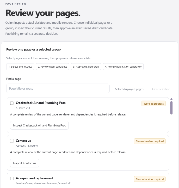 Web Spark Review page with four review stages, page search, selection checkboxes, saved versions, and current-review-required labels.