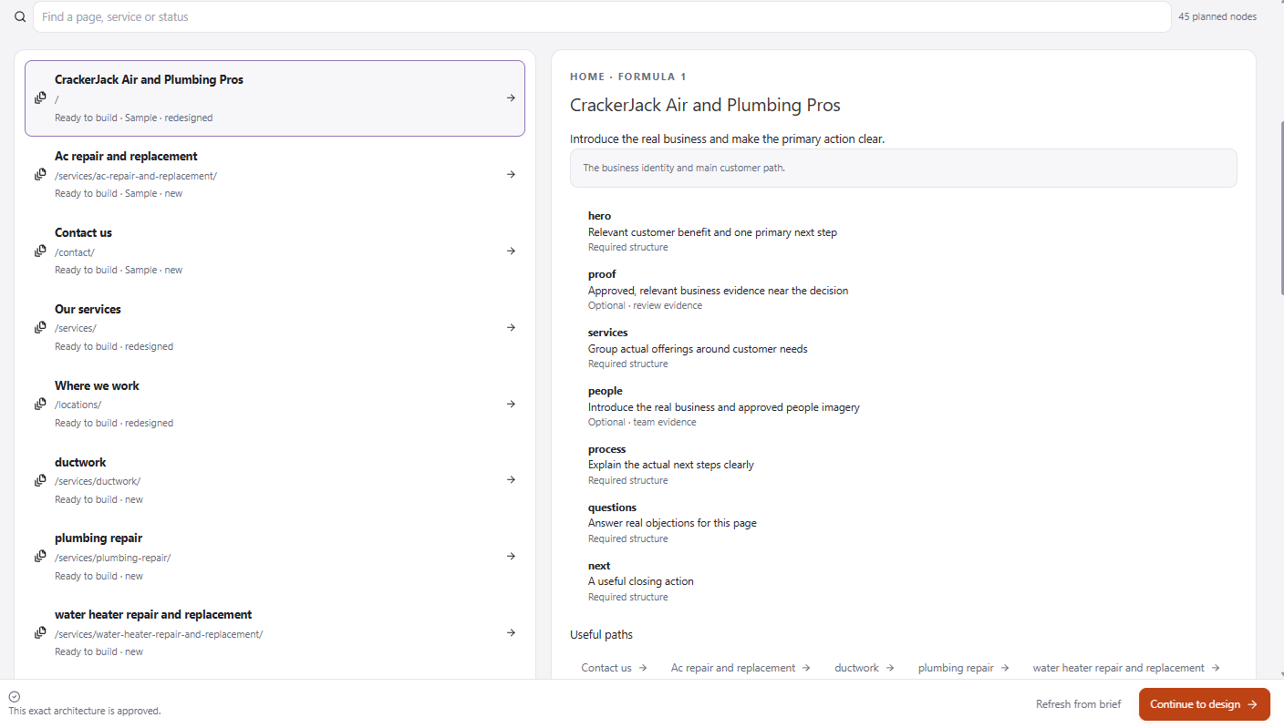 Web Spark Plan view showing page routes, readiness labels, the selected homepage structure, useful links, and Continue to design.