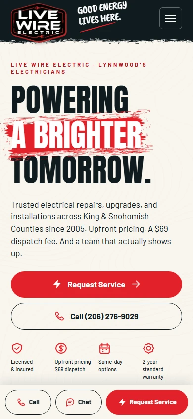 Actual mobile viewport of the Live Wire Electric homepage