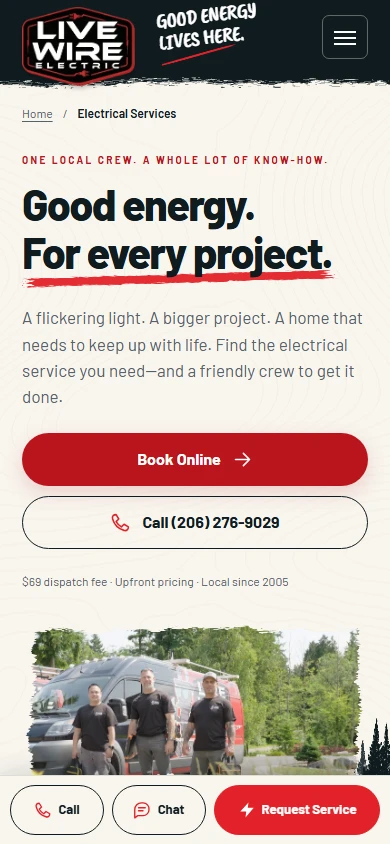 Actual mobile viewport of Live Wire Electric electrical services hub