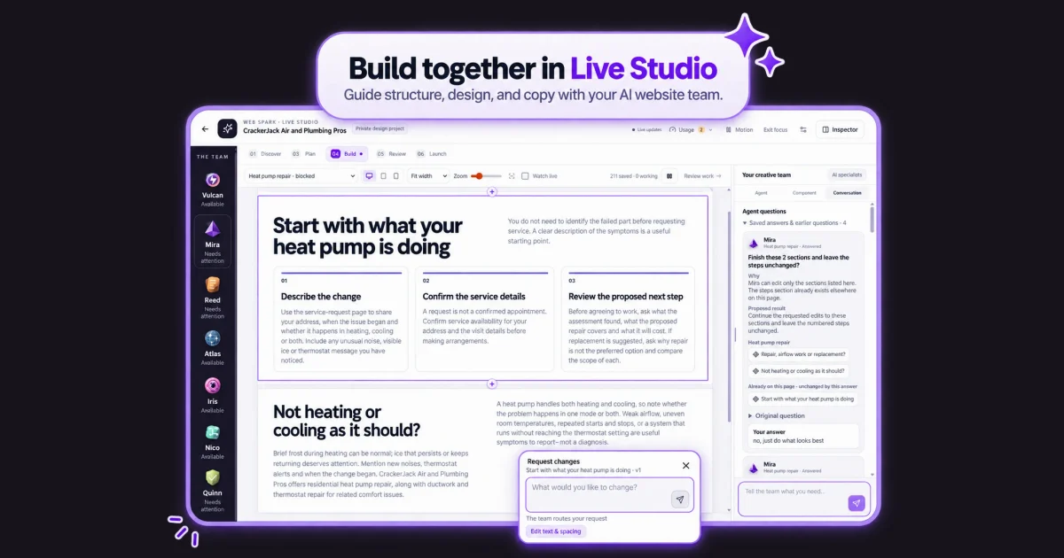 Web Spark website studio marketing artwork with its specialist AI team and website design interface