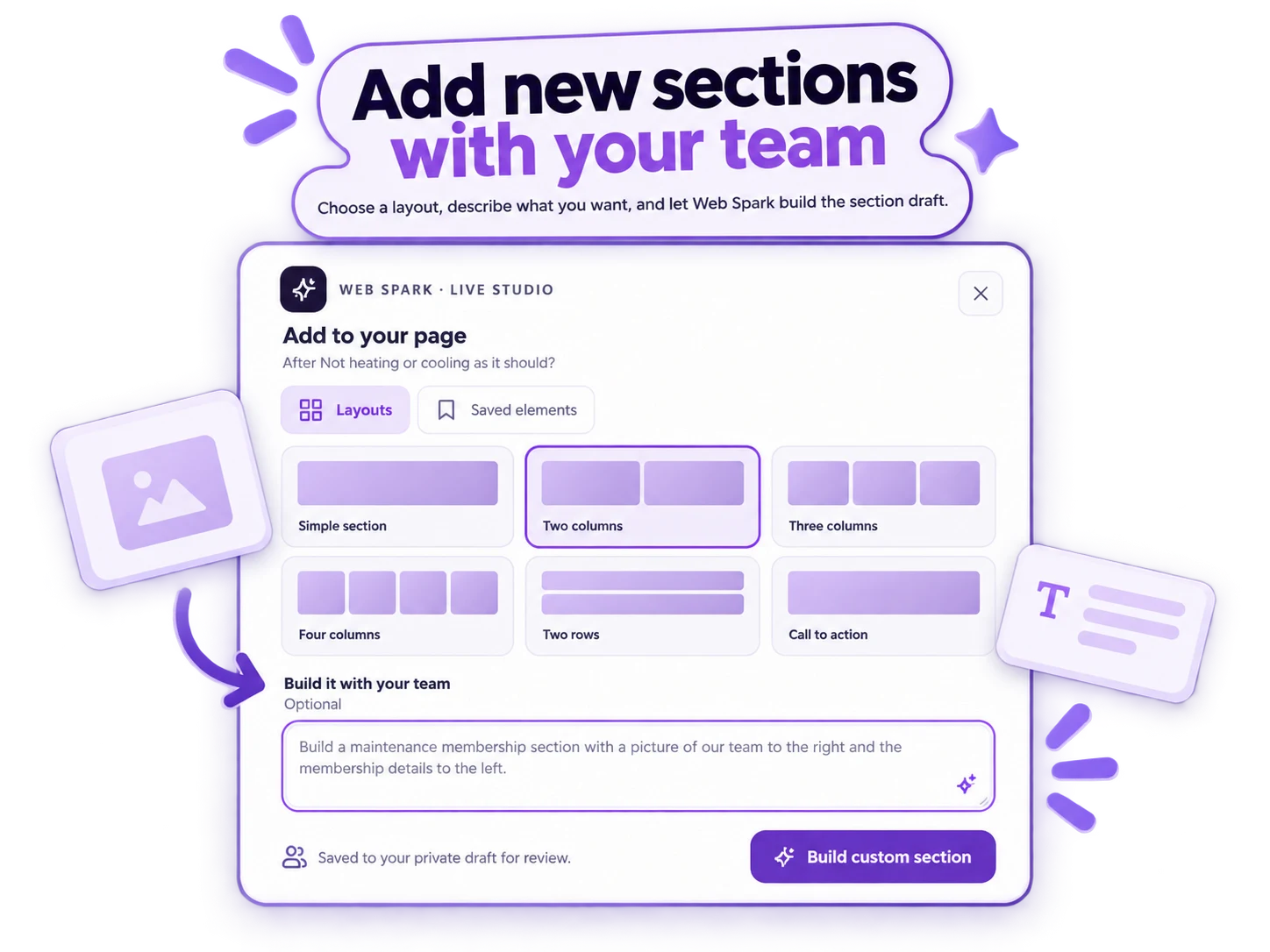 Web Spark Add to your page interface with layout choices and a custom section instruction